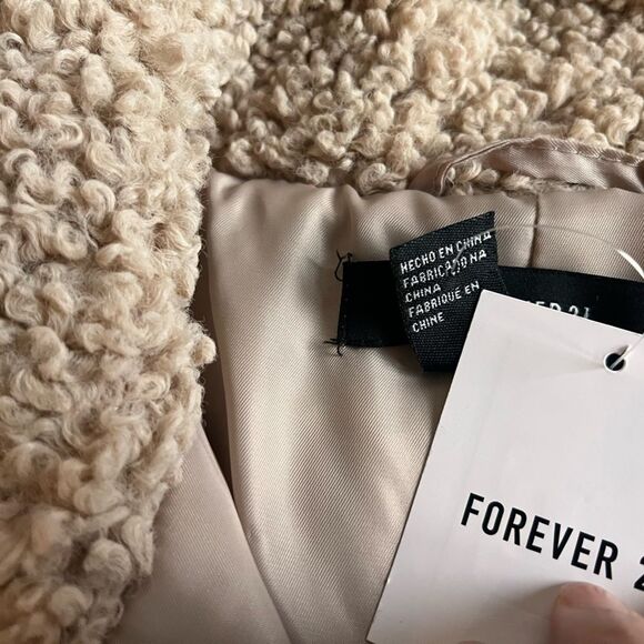 Forever 21 Women's Bomber Jacket Faux Shearling Zip-Up Coat Beige Tan Medium - Picture 8 of 8